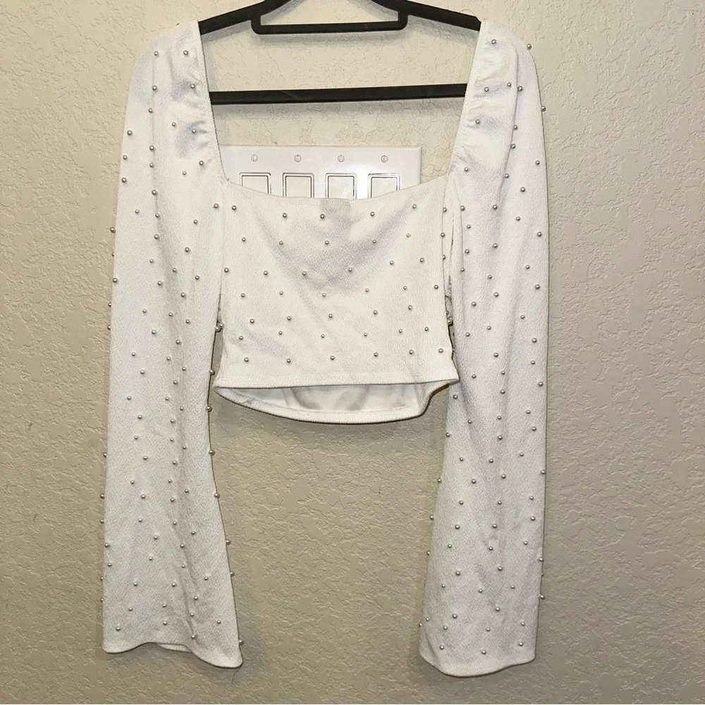 Windsor Large White Pearl Embellished Long Sleeve Crop Top Preppy Whimsical - Picture 5 of 7